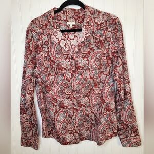 Talbots Paisley Red & Gray Cotton Button-Up Top Sz 14
